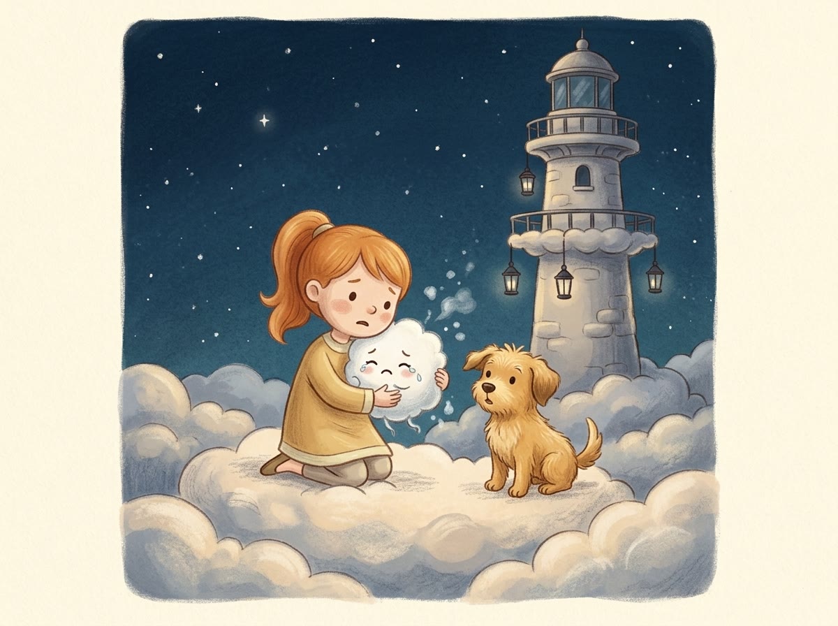 Mia hugging Puff, a little crying cloud, beside the sky lighthouse while Biscuit watches