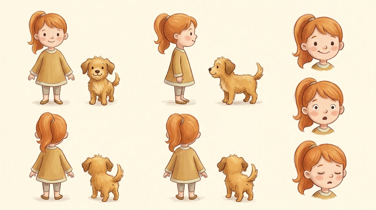 Character design sheet for Mia and her dog from several angles